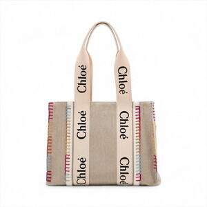 Chloe Woody Canvas Leather Tote Bag Beige